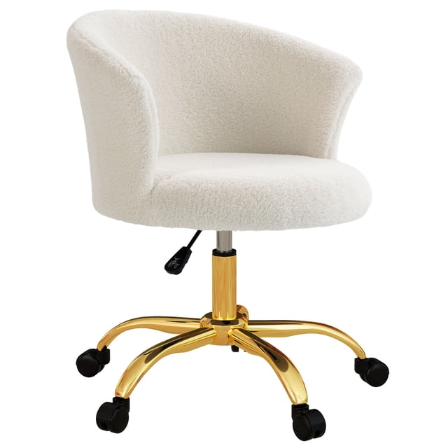 Armless Office Chair with Plush Teddy Fleece, Gold Swivel Task Chair with Adjustable Height, Mid Back Computer Desk Chair for Study, Vanity, Home Office, 22.8"W x 22"D x 29.9"H