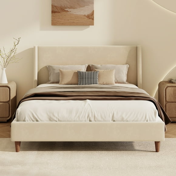 MODERNLUXE King Velvet Upholstered Platform Bed Frame with 43.5" Tall Wingback Headboard and Solid Wood Legs,Easy Assembly,Cream