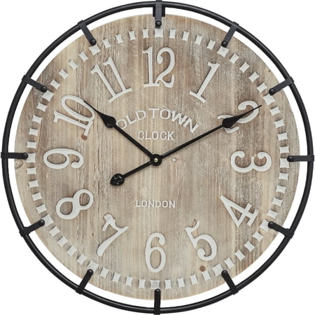 EMAX HOME 24 Whitewashed Wood Farmhouse Arabic Numeral Silent Wall Clock, Iron Frame