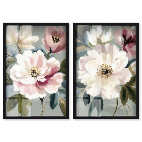 Blush Pink Bedroom Dreamscape 2 Panel Set Shadowbox Print Floral Wall Decor by Art Remedy, Black Frame, 10 x 15