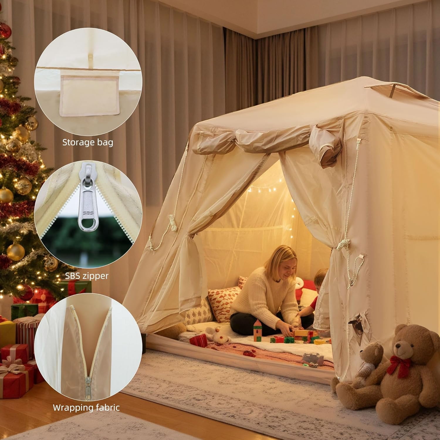 Inflatable Camping Tent, 4-6 Season Waterproof Glamping Tent with Hand Pump, PU3000mm Oxford Air Tent with Mesh Windows Stove Jack 4 Person Easy Setup Windproof Outdoor Tent