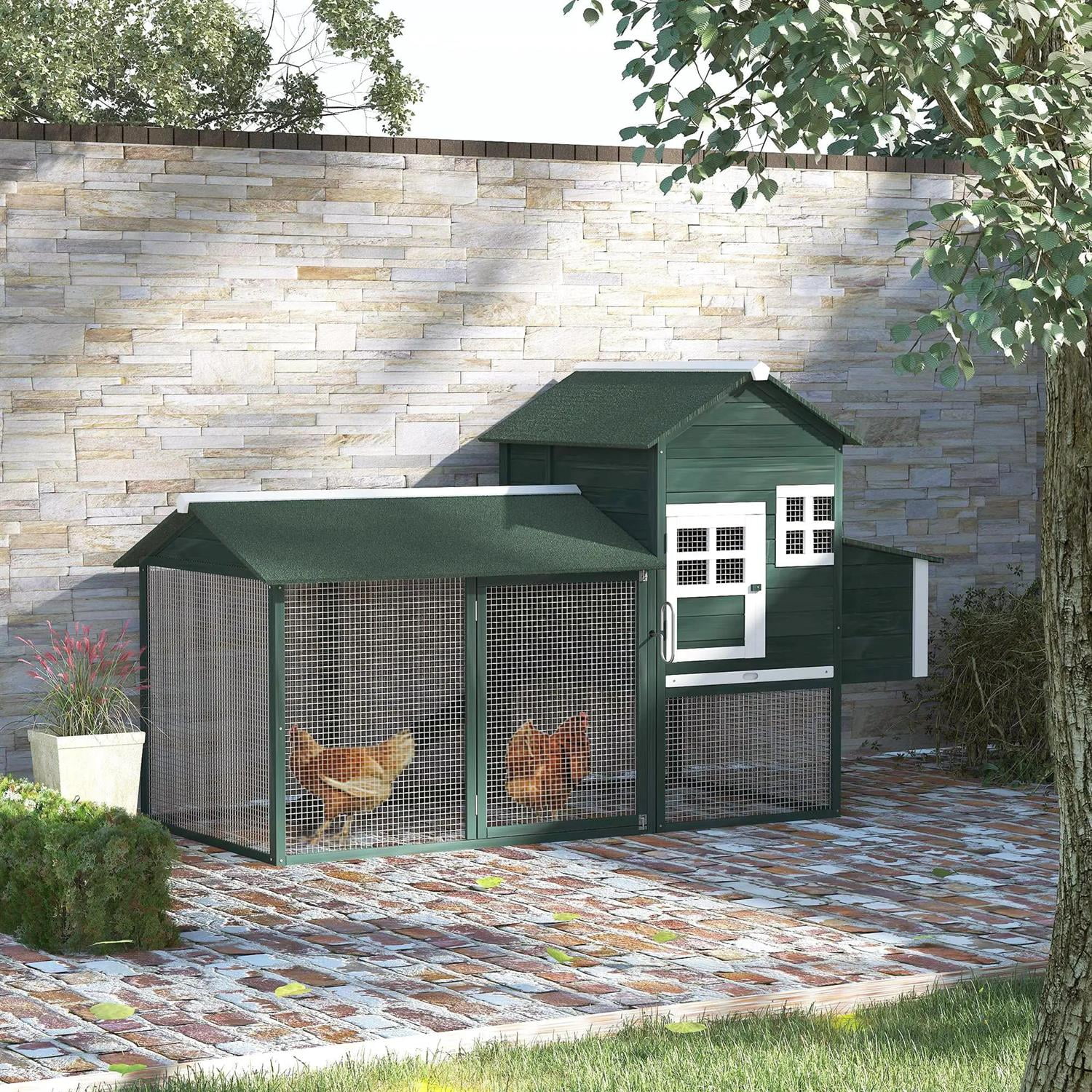 Pefilos 84" Chicken Coop Rabbit Hutch, Outdoor Wooden Poultry Cage Hen House with Nesting Box, Enclosed Run, Removable Tray for Garden Backyard, Green