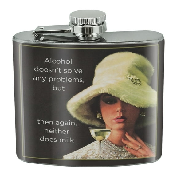 Alcohol Doesn't Solve Any Problems Neither Does Milk Funny Humor Stainless Steel 5oz Hip Drink Kidney Flask