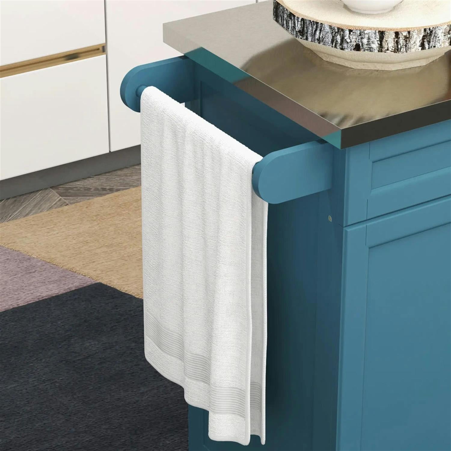 Demi Bonn 35" Kitchen Island Cart on Wheels with Stainless Steel Top, Rolling Dining Room Serving Utility Carts Mobile Movable with Towel Rack, Blue