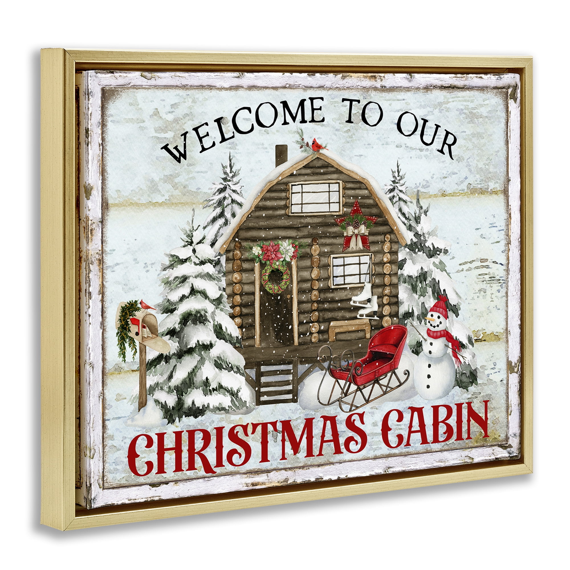 Stupell Industries Welcome Christmas Cabin Holiday Painting Gold Floater Framed Canvas Art Prints Wall Art, 21 x 17