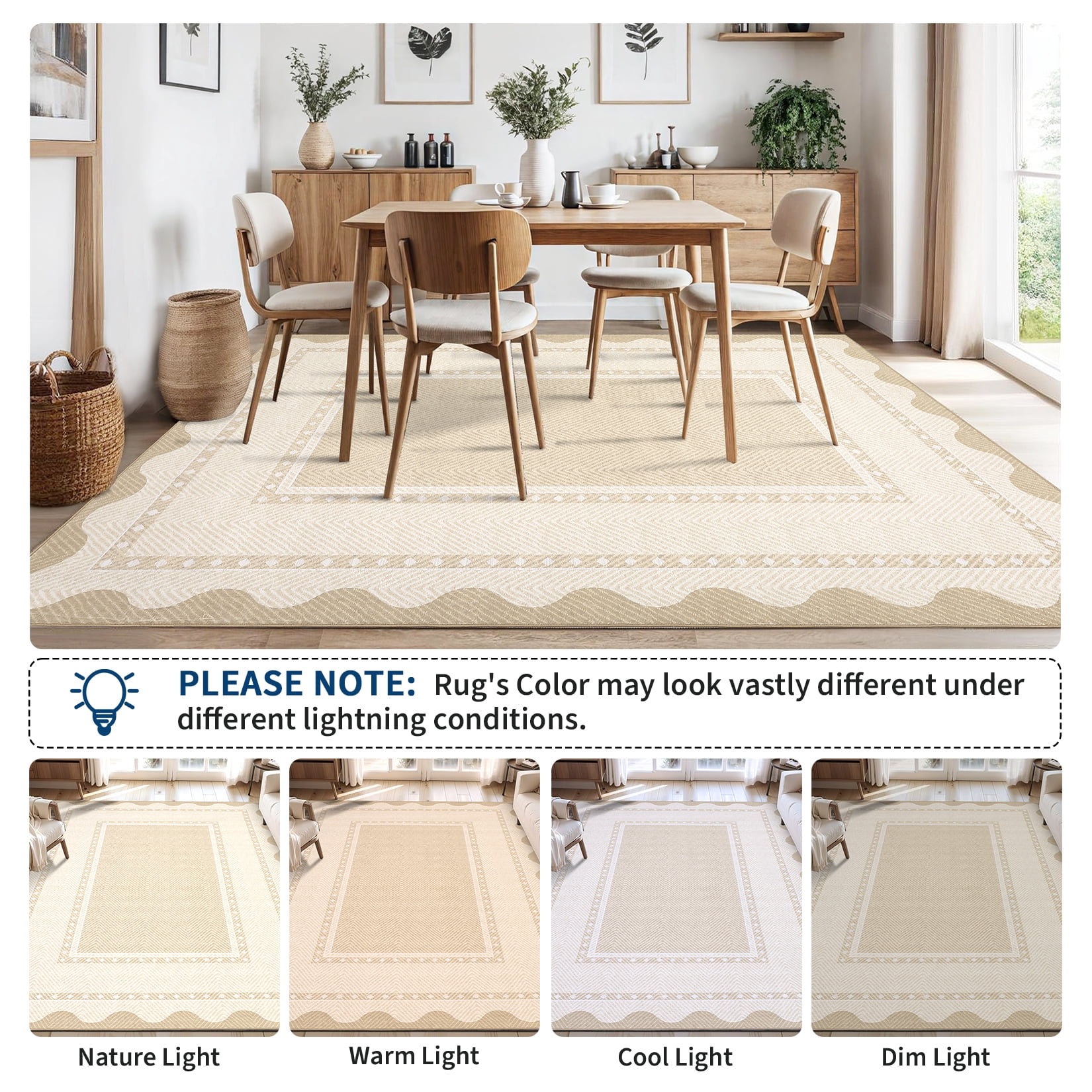 HIWEAVER Beige 2' x 6' Washable Scalloped Bordered Pattern Runner for Kitchen Geometric Indoor Throw Carpet ​Modern Non-Slip Foldable Doormat for Hallway Farmhouse Dorm Home Decor