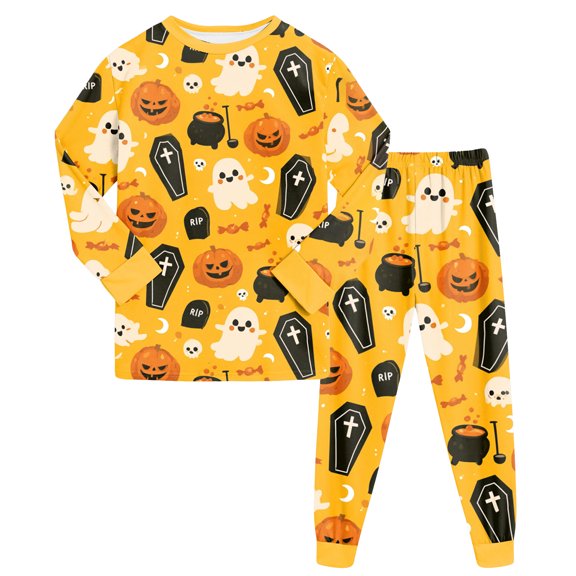 NOEGOEU Kids Halloween Pajamas Boys Girls Soft Cute Graphic Long Sleeve Top and Pants 2-9 Years (Orange,3-4 Years)