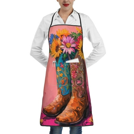 

Gaeub Cowboy Boots With Flowers Kitchen Cooking Aprons Adjustable Bib Apron Waterdrop and Oil Resistant Kitchen Chef Apron for Women Men