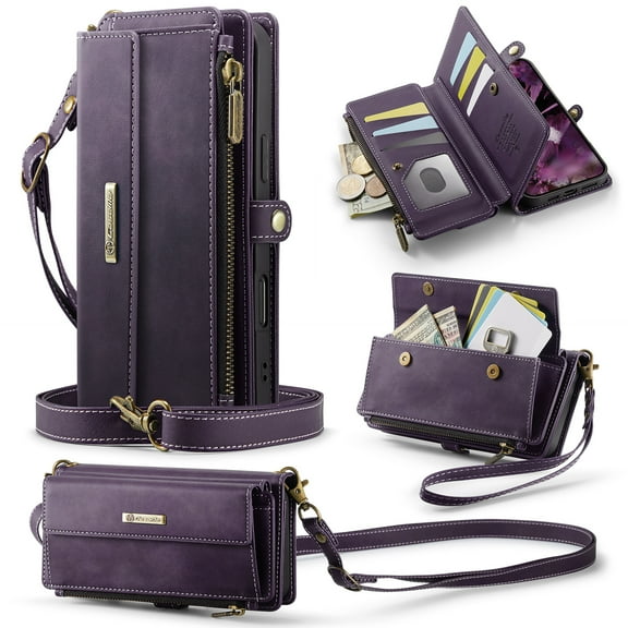 for iPhone 17 Pro Max Wallet Case with RFID Blocking, Zipper Pocket Kickstand Magnetic Clasp, PU Leather Heavy Duty Cover with Shoulder and Wrist Strap – Rugged Full-Body Protection, Purple