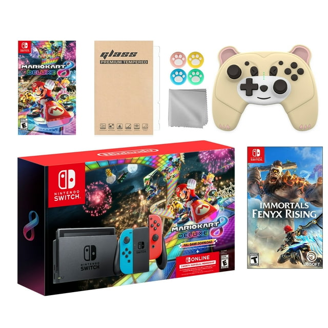 Nintendo Switch Mario Kart 8 Deluxe Bundle: Red/Blue Console, Mario Kart 8 & Membership, Immortals Fenyx Rising, Mytrix Wireless Pro Controller Peary Yellow Bear and Accessories