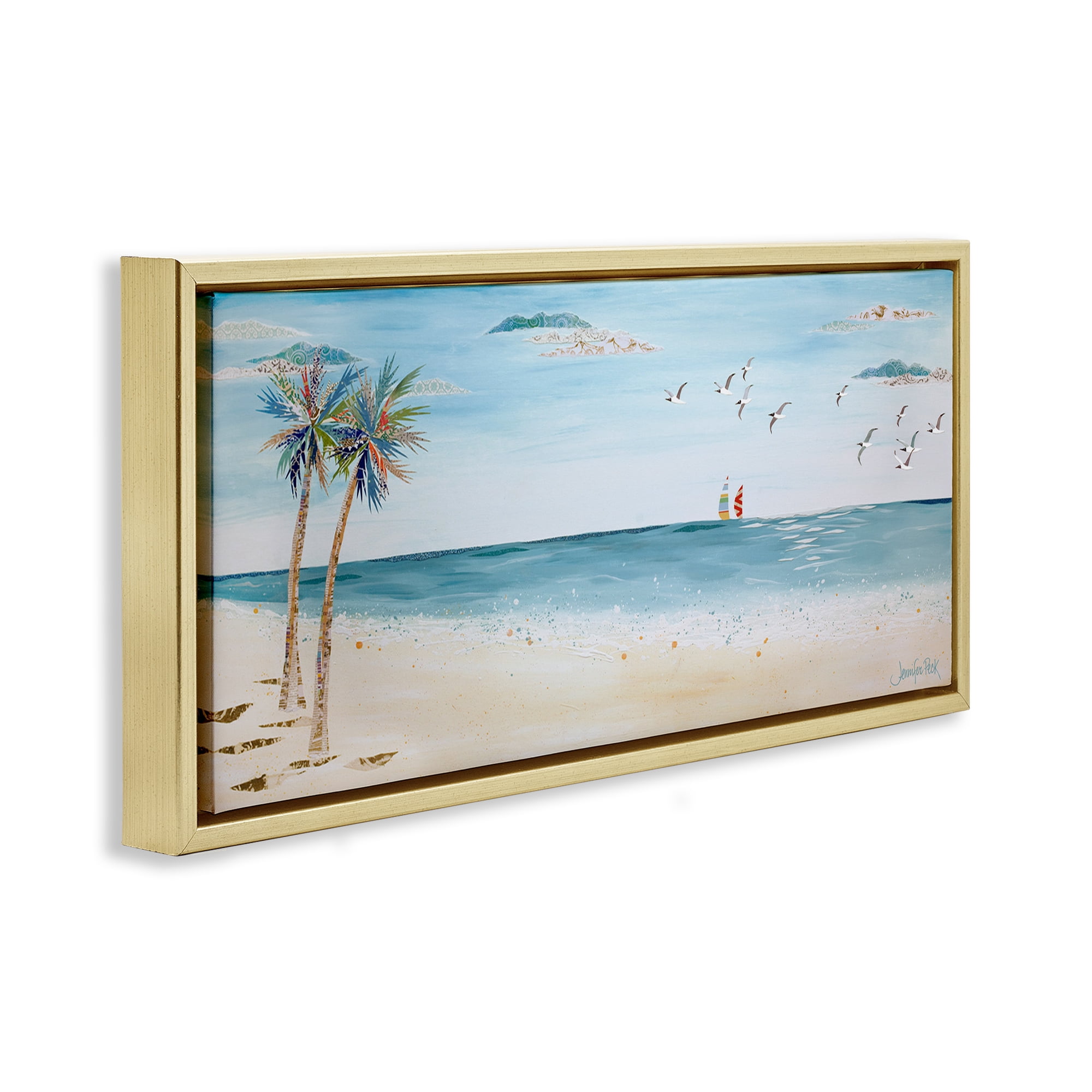 Stupell Industries Seagulls & Palm Beach Landscape Painting Gold Floater Framed Canvas Art Print Wall Art, 25 x 11