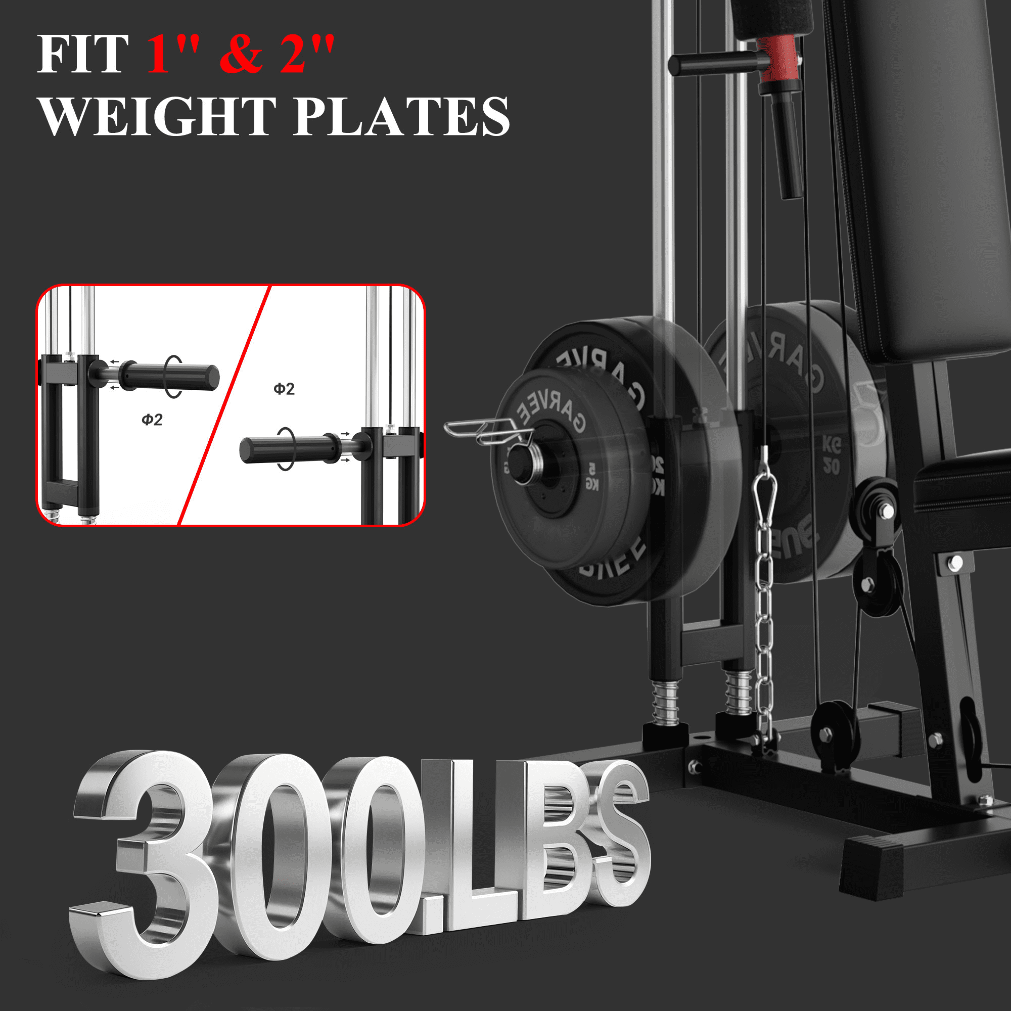 Multifunctional Home Gym Equipment, with Pulley System, Leg Press Support for Strength Training, Workout Station Suit for 1"&2" Holes of Weight Plates (Not Includ), Max 300LBS