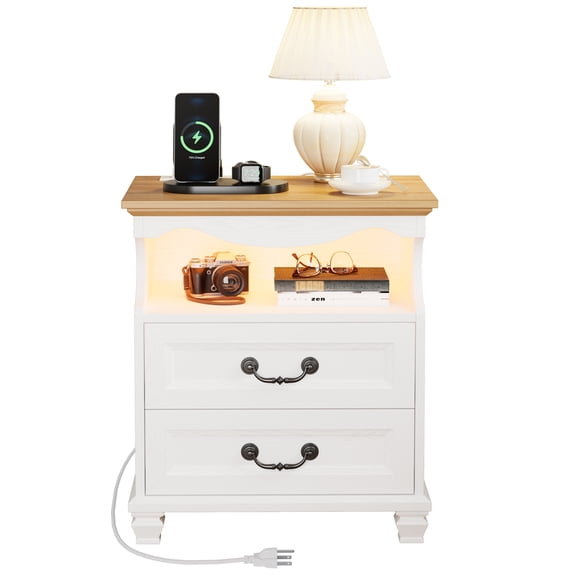 LIKIMIO Farmhouse 2 Drawers Nightstand with Charging Station, LED Lightsļ¼Wood Modern Beside Tables for Bedroom and Living Room, White