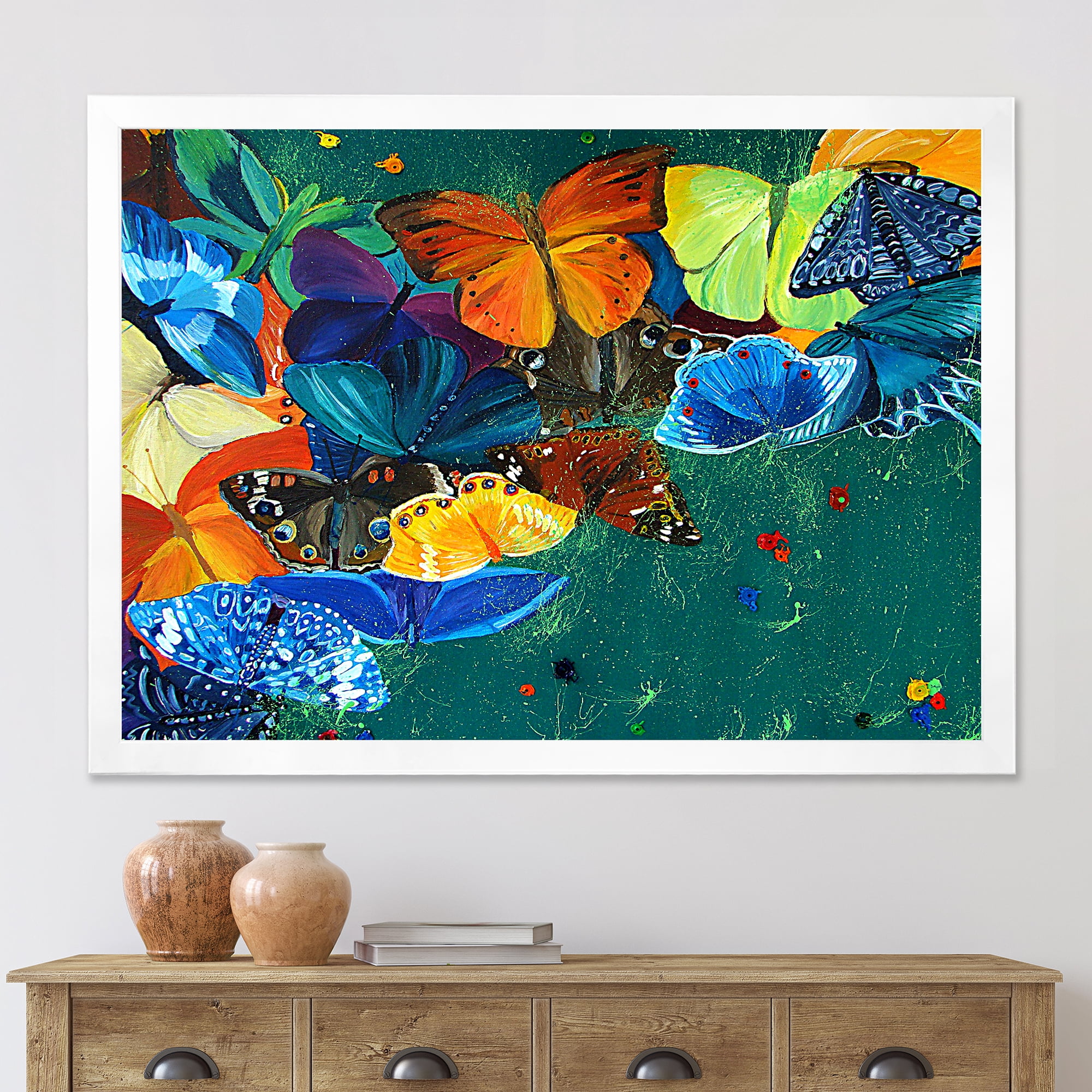 Designart 'Abstract Colour Butterflies On A Gree' Modern Framed Art Print