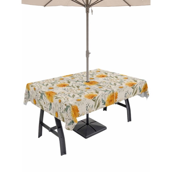 Outdoor Tablecloth with Umbrella Hole for Patio/Picnic/Party/Camping, Spring Daisy Waterproof Table Cloth Rectangle Table Cover Washable, Country Vintage Yellow White Floral Leaf (60"x 120")