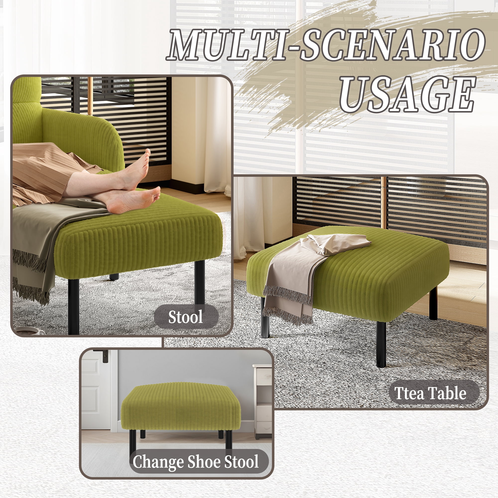 MOONMISS Corduroy Upholstered Mid-century Modern Square Wood Frame Ottoman with Soft Padded Seat-Olive Green