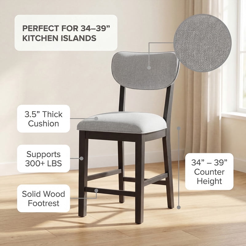 COLAMY Set of 6 Modern Farmhouse Bar Stools, 25.6" Counter Height Solid Wood Upholstered Barstools with Back, Padded Fabric Kitchen Dining Stools, Black