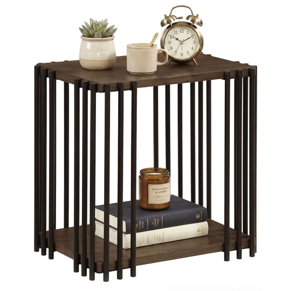 Costway 1 PCS Rubber Wood Side Table with 2-Layer Storage Shelves, Metal Frame for Living Room