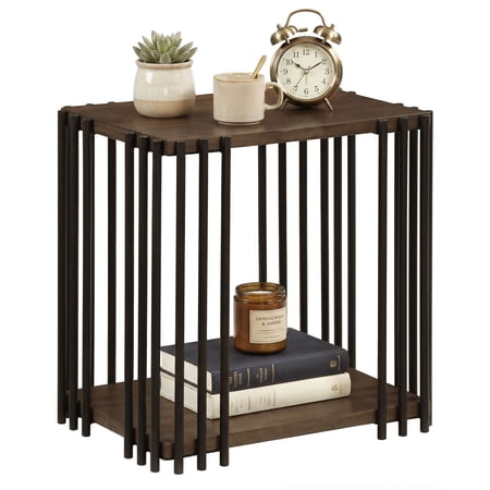 Costway 1 PCS Rubber Wood Side Table with 2-Layer Storage Shelves Metal Frame for Living Room