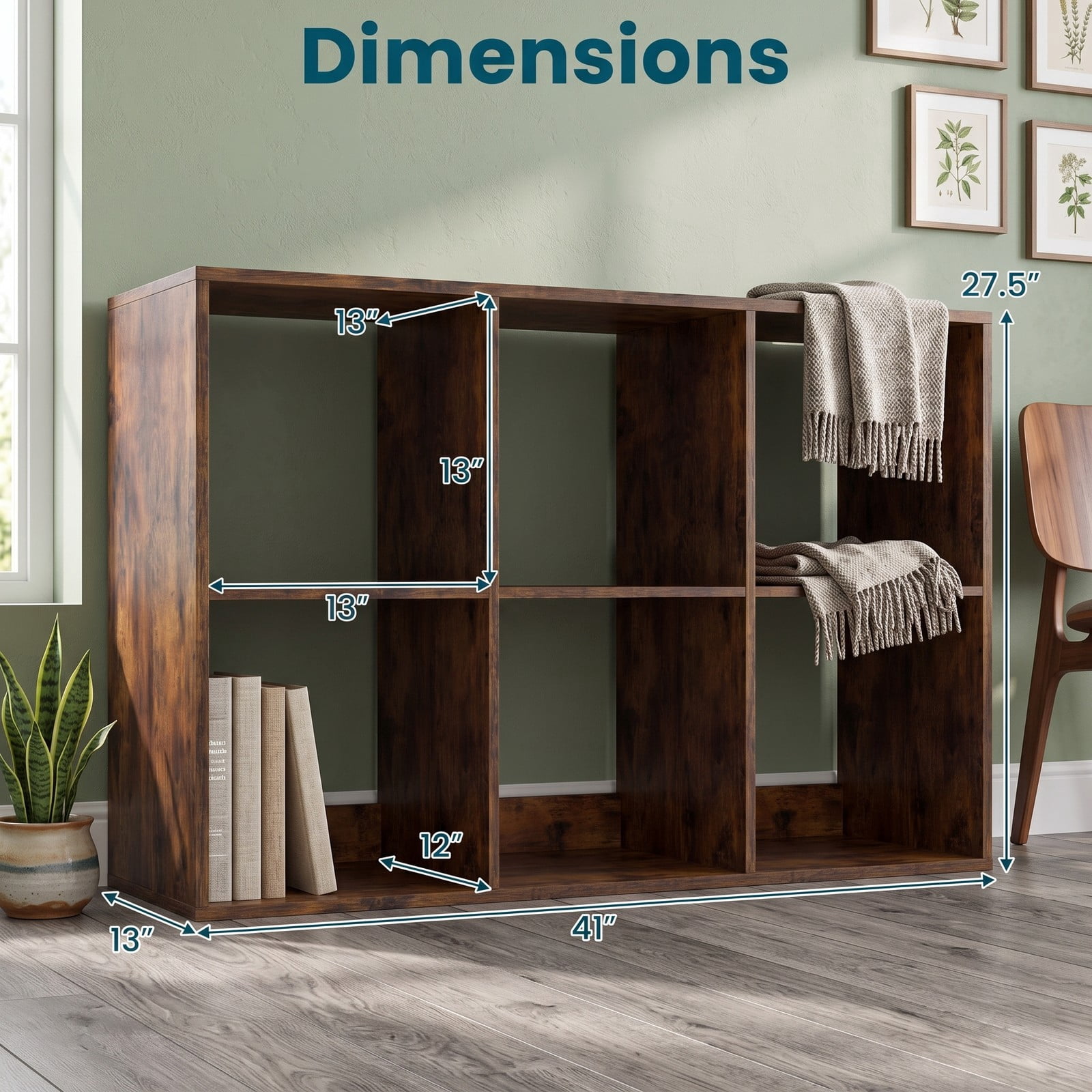 Furnibear 6 Cube Bookshelf, Rustic Brown Wood Cube Storage Organizer with Back Guardrail and Anti-Tip Kit, Freestanding Bookcase for Living Room Bedroom, Rustic Brown