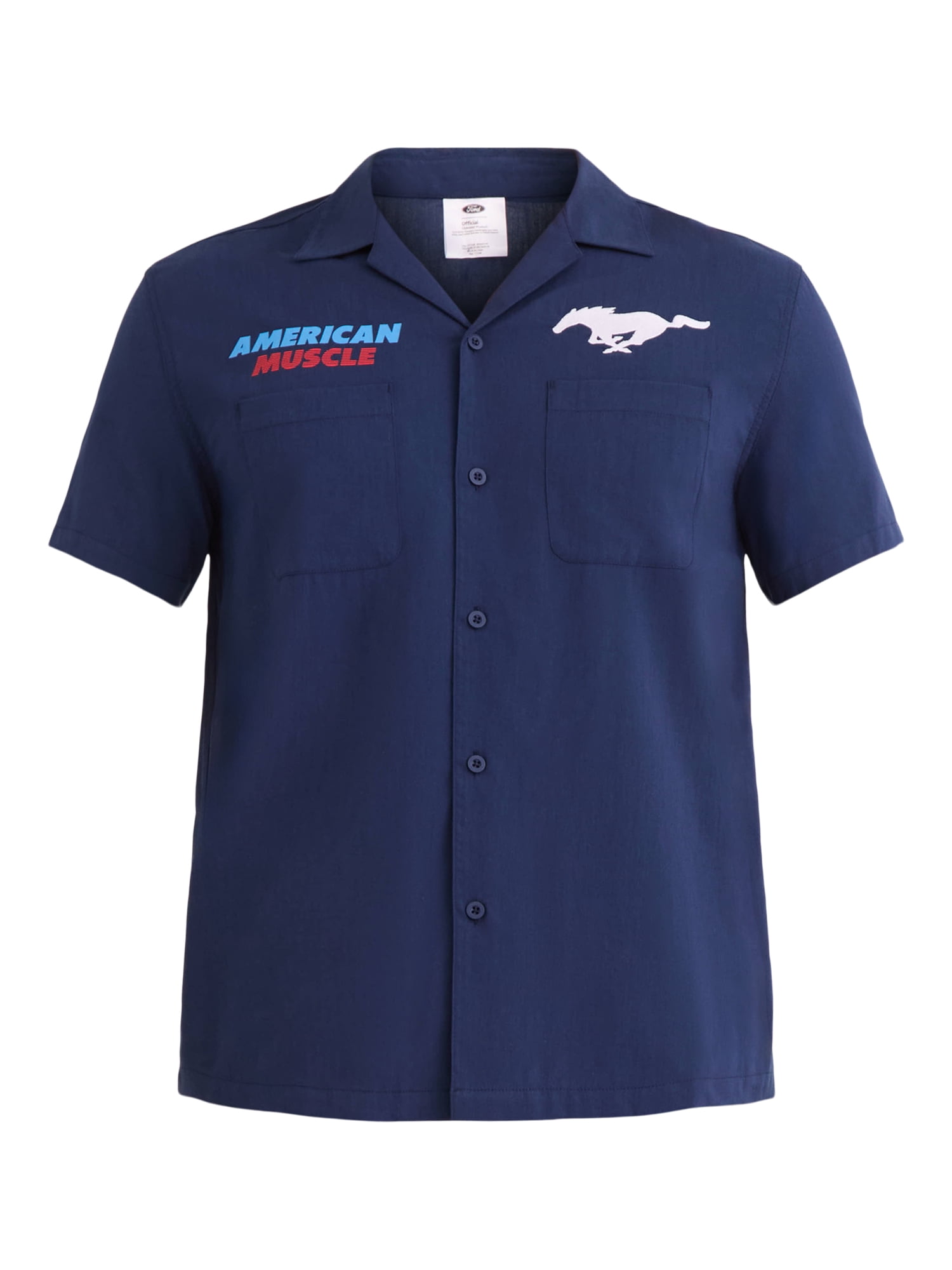 Ford Mustang Men's and Big Men's Front and Back Graphic Button Up Workwear Style Mechanics Shirt with Short Sleeves, Sizes S-3XL