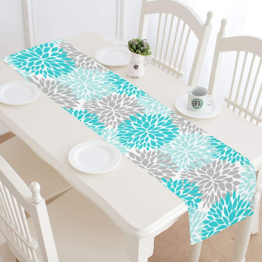 MKHERT Dahlia Pinnata Flower Turquoise Blue Gray Table Runner Home