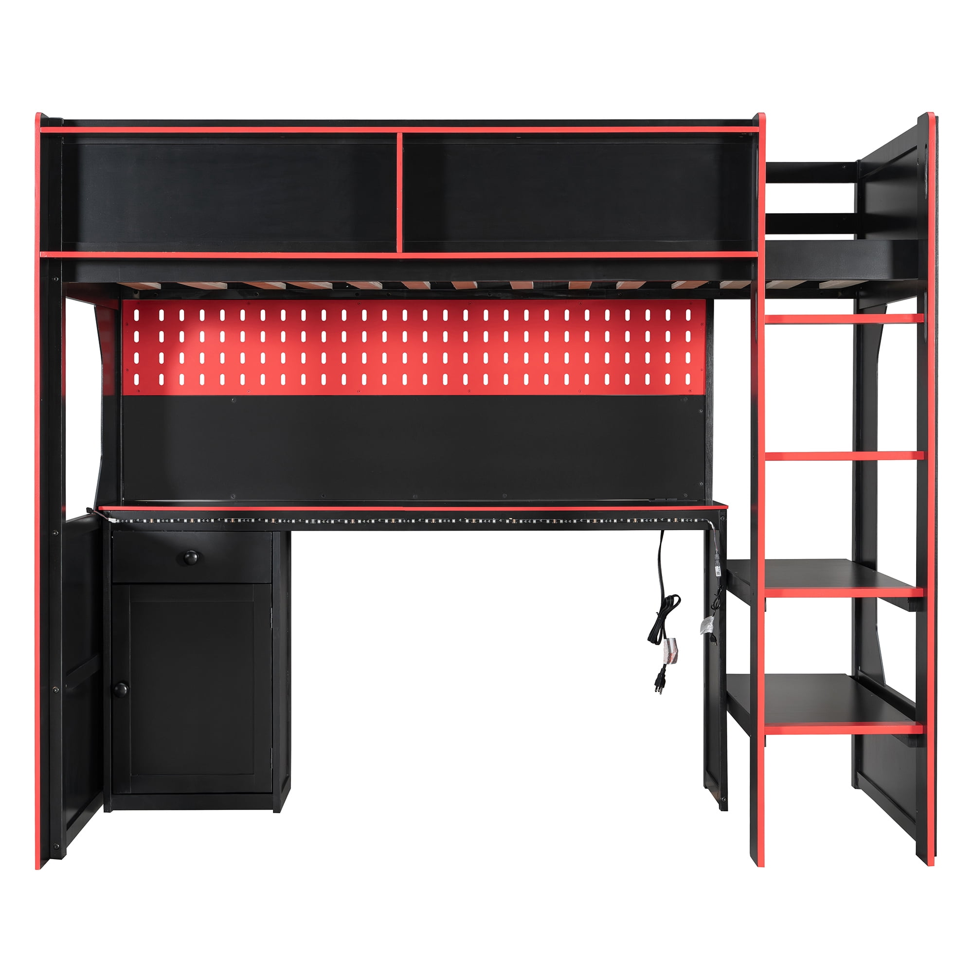 Mintazer Twin Size Gaming Loft Bed with Desk & LED Lights, Modern Bed Frame with Storage Shelves & Pegboard and Charging Station for Dorm Bedroom Apartment, Black & Red
