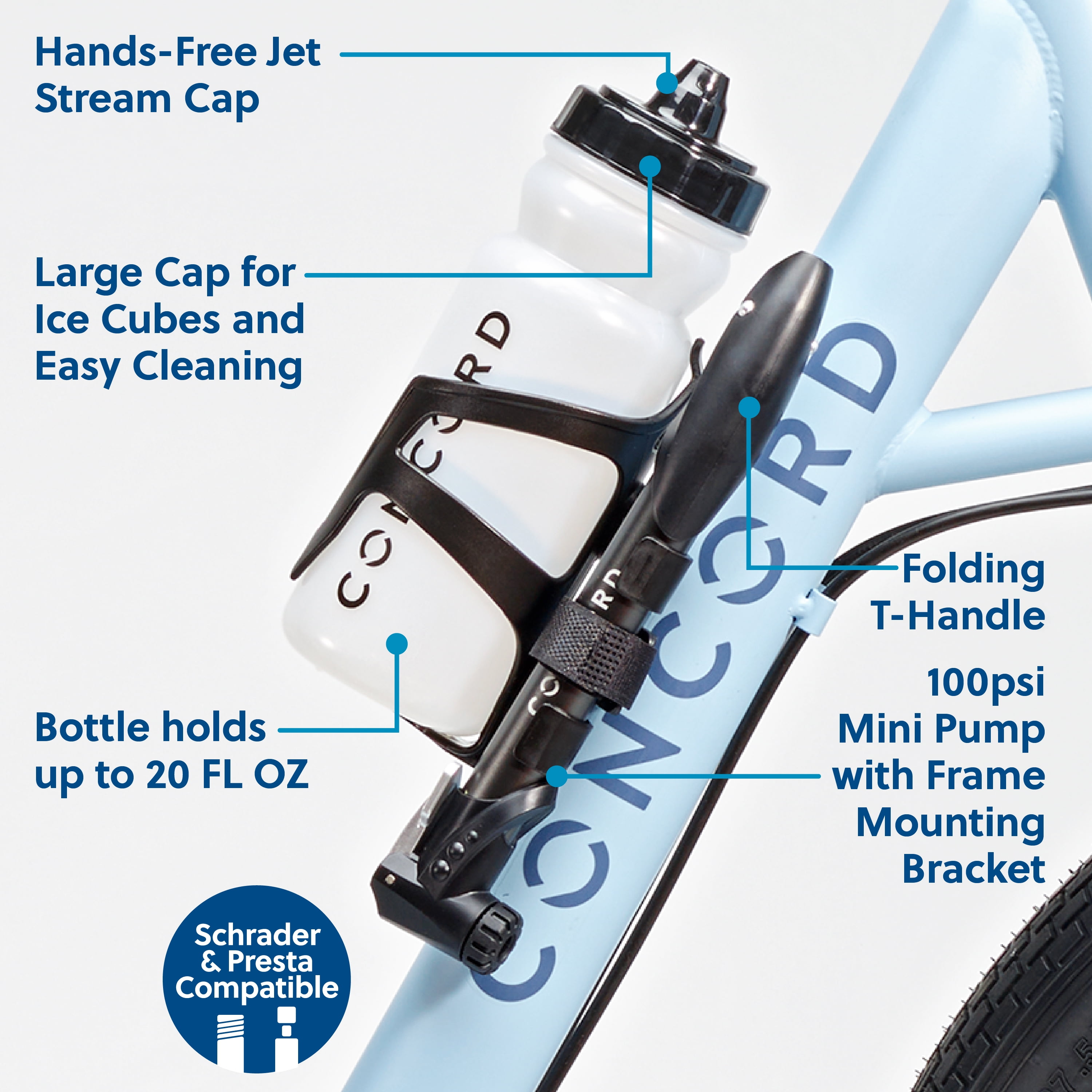 Concord Bike Accessories Essential Pack (Mini Pump, Lock, LED Light Set, Bottle, Cage), 6 Count