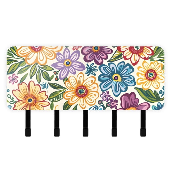 Colorful Floral Print Flowers Mail Holder Organizer Wall Mount with Shelf Key Holder Key Rack with 5 Key Hooks for Wall Decorative
