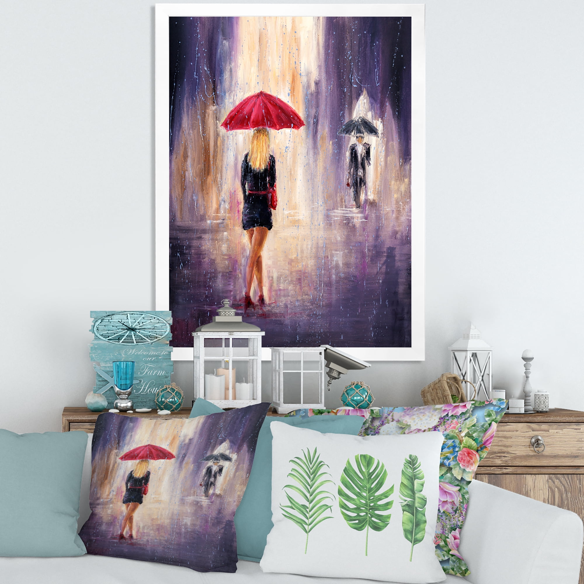 Designart 'The Girl With The Umbrella Walking In The Rain II' French Country Framed Art Print