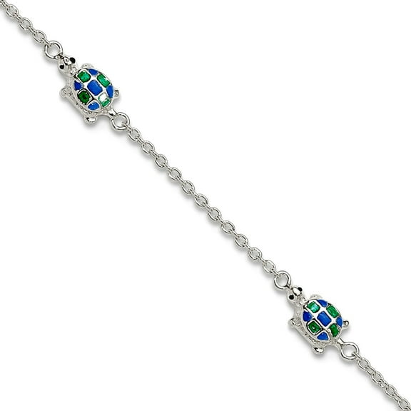 6mm 925 Sterling Silver Polished Enamel Turtle Plus 1in Extension Anklet 10 Inch Anklet for Women