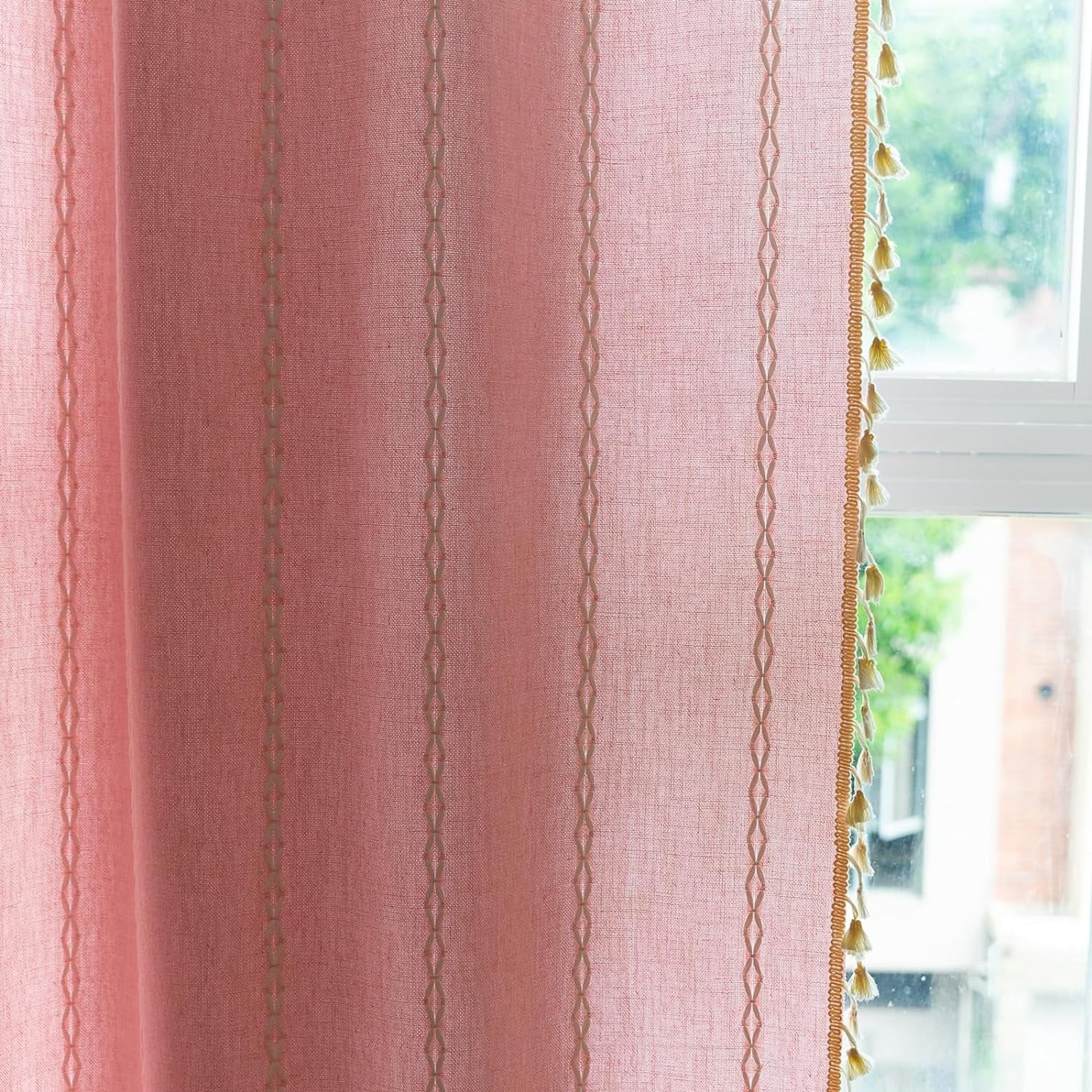 Psoiuetr Pink Boho Curtains for Bedroom Living Room Linen Cotton Embroidered Semi Blackout Farmhouse Window Treatment Drape Vintage Tassels Rod Pocket 1 Panel 52" W x 84" L