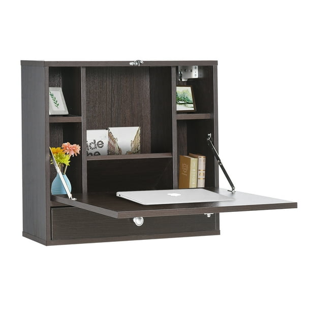 HomCom Wall Mounted Writing Computer Desk Workstation with Foldable Space Saving Design & Ample Interior Storage