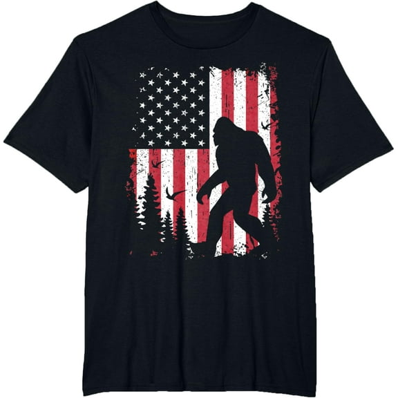 Bigfoot 4th of July Shirt American USA Flag Patriotic T-ShirtMen's and women's gift, black and white T-shirt, size: Extra large S-4XL