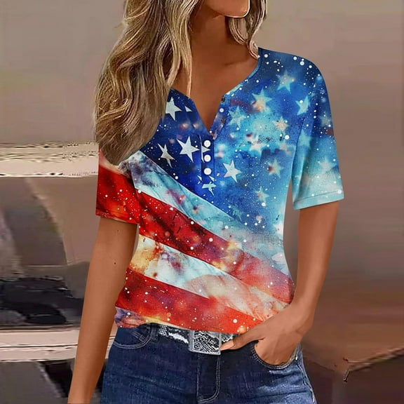 Cavosen 4th of July Clothes Women Petite Red White and Blue 3/4 Sleeve V Neck T Shirts USA Star Striped Graphic Shirts Lady XL Patriotic Casual Shirts Independence Day Tunic Tees Patriotic Clothes