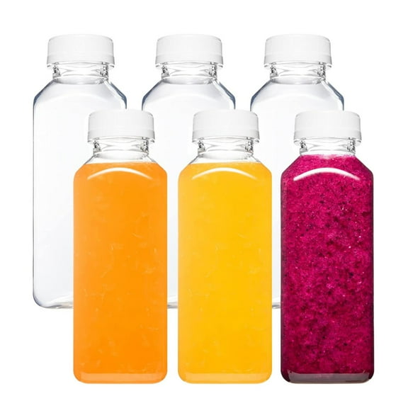 6 Pcs Reusable 12oz Transparent Plastic Bottles with White Lids, Reusable Juicing Bottles Suitable for Transparent Beverage Containers in Refrigerators and Homemade Fruit Juices Organiser