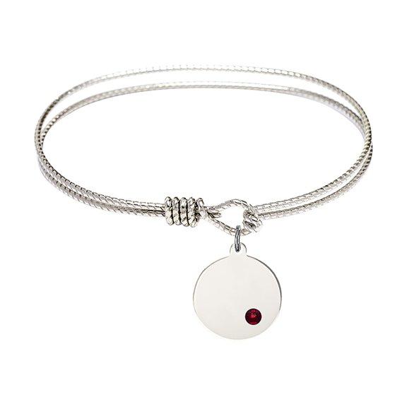 6 1/4 inch Oval Eye Hook Bangle Bracelet w/ Plain Disc medal charm w/ January Red Swarovski Crystal
