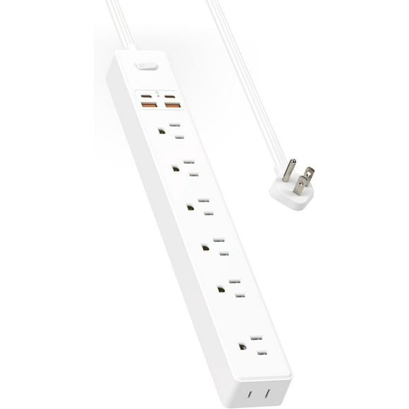 10 Ft Power Strip Surge Protector - 7 Outlets 4 USB Ports (2 USB C), Ultra Thin Flat Extension Cord & Flat Plug, 1700 Joules, Wall Mount, Desk Charging Station for Home Office Dorm, White