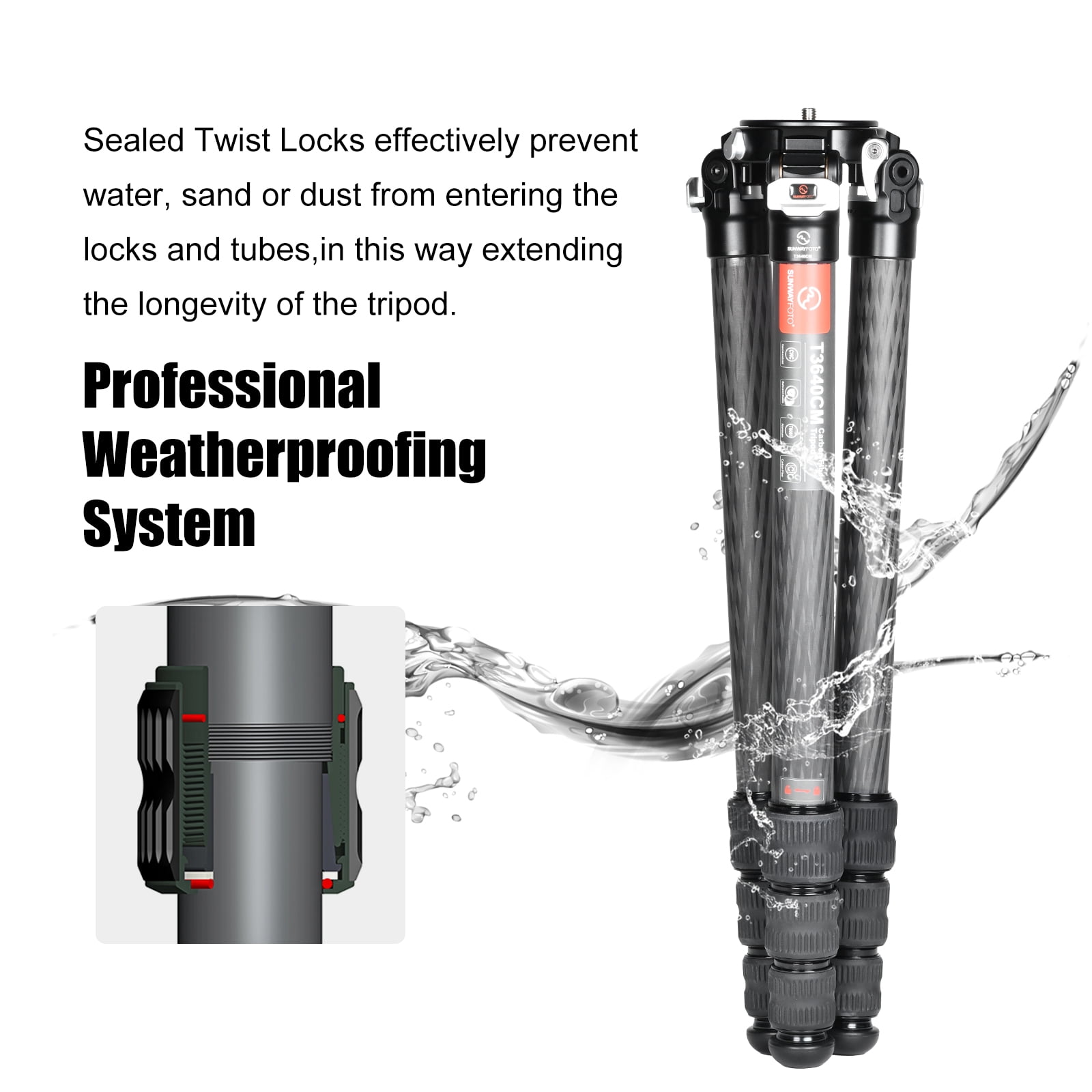 SUNWAYFOTO T3640CM Fiber Tripod for Video Camera Photography Weight Outdoor Tripod Waterproof,66.0lb Load