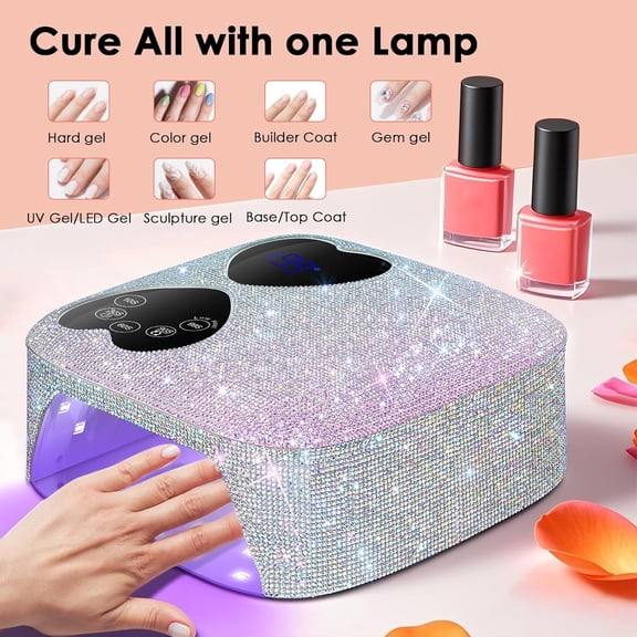 UV LED Nail Lamp Cordless, 80W Rechargeable UV Light for Gel Nails, Professional Gel Light Dryer with 5 Timers & Mirror Base, Sparkling Rhinestones Diamond Curing Lamp for Salon & Home