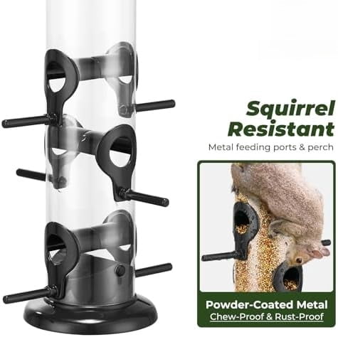 Metal Bird Feeders for Outdoors Hanging, Tube Bird Feeder with 6 Feeding Ports, 15 Inch, Chew-Proof & Weatherproof, Black