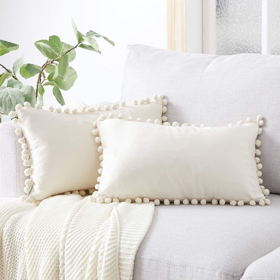 Pack of 2 Velvet Throw Pillow Covers 12 x 20 Inches ,Soft Velvet Rectangle Cushion Case with Pom-poms for Couch Bed Sofa Living Room Home Decor (Cream)