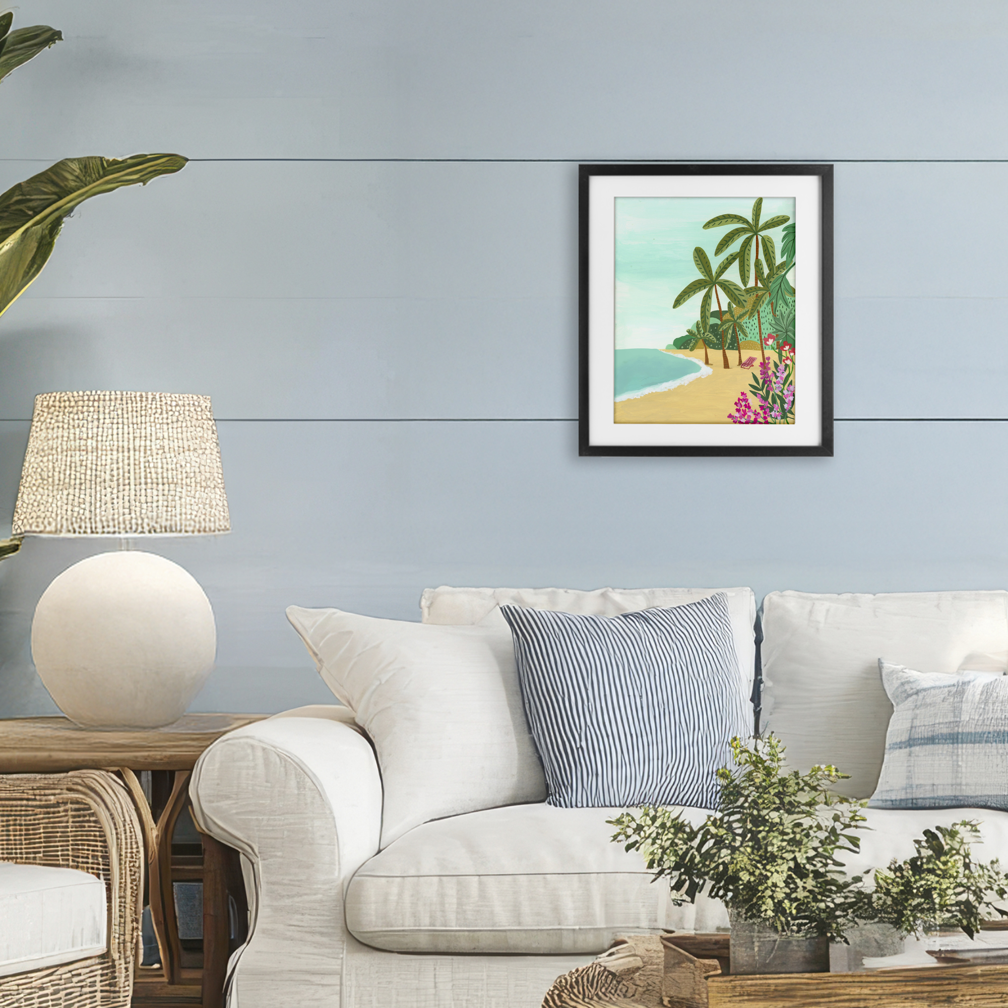 Palm Filled Shoreline Black Framed Print Under Glass, design by Nabeela Rumi