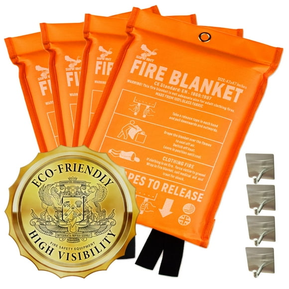 Supa Ant Couverture d'Incendie d'Urgence pour la Maison et la Cuisine - Lot de 4, Haute Visibilité 1500 °F (Brille dans le Noir), Couverture d'Incendie de Cuisine Étouffante - Couvertures Incendie Certifiées CE pour Héros