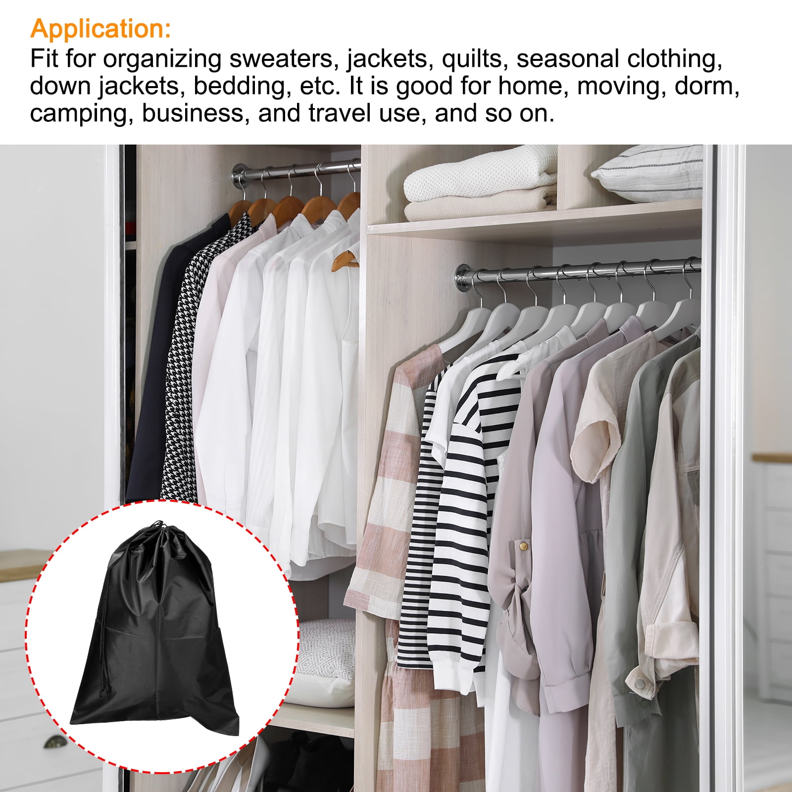 Unique Bargains Clothes Storage Drawstring Bag for Organizing and Travel Use Black 45X60cm