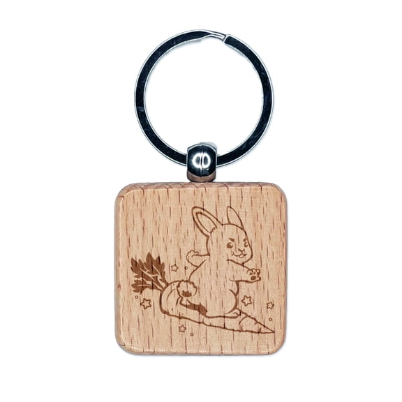Cute Kawaii Bunny Rabbit Surfing on Carrot Easter Square Keychain Charm Tag - Engraved Wood