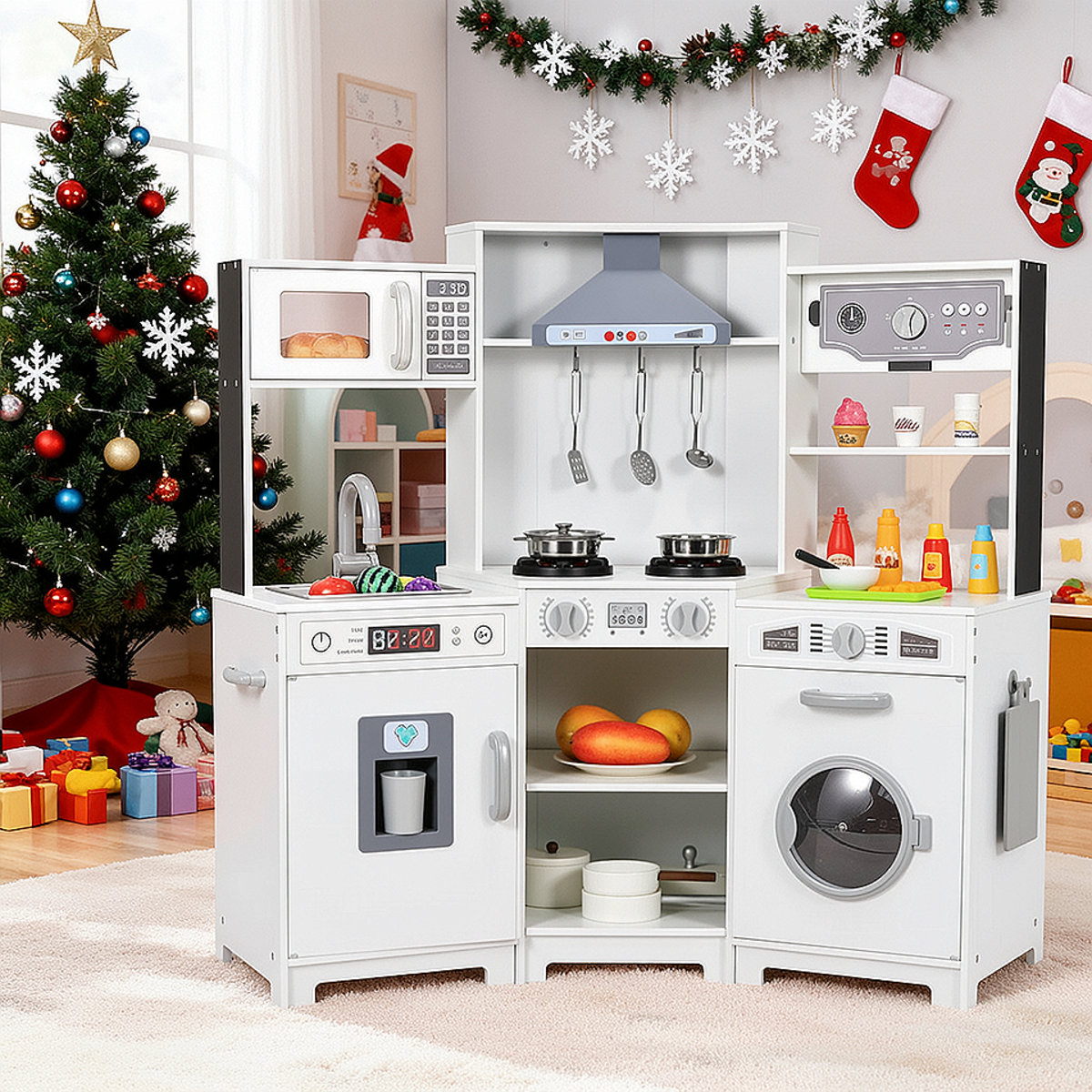 LAZY BUDDY Wooden Corner Play Kitchen for Kids with Light & Sound, Toddler Kitchen Playset Interactive Cooking Toy with Ice Maker, Towel Rack