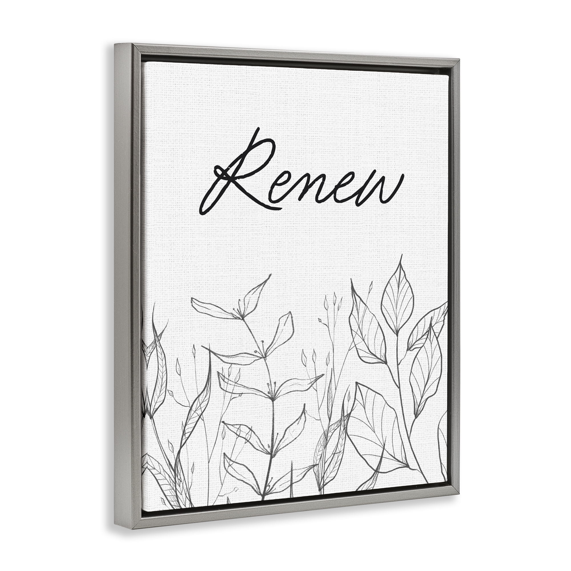Renew with Leaf Outlines Gray Framed Floater Canvas Wall Art, design by Lettered and Lined