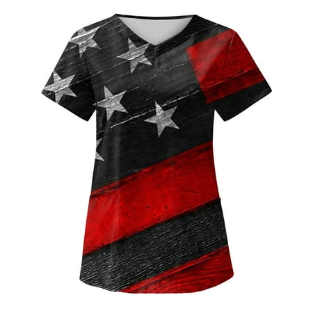 

Scrub Tops For Women Print Summer Independence Day Printed Care V-Neck Working Uniform