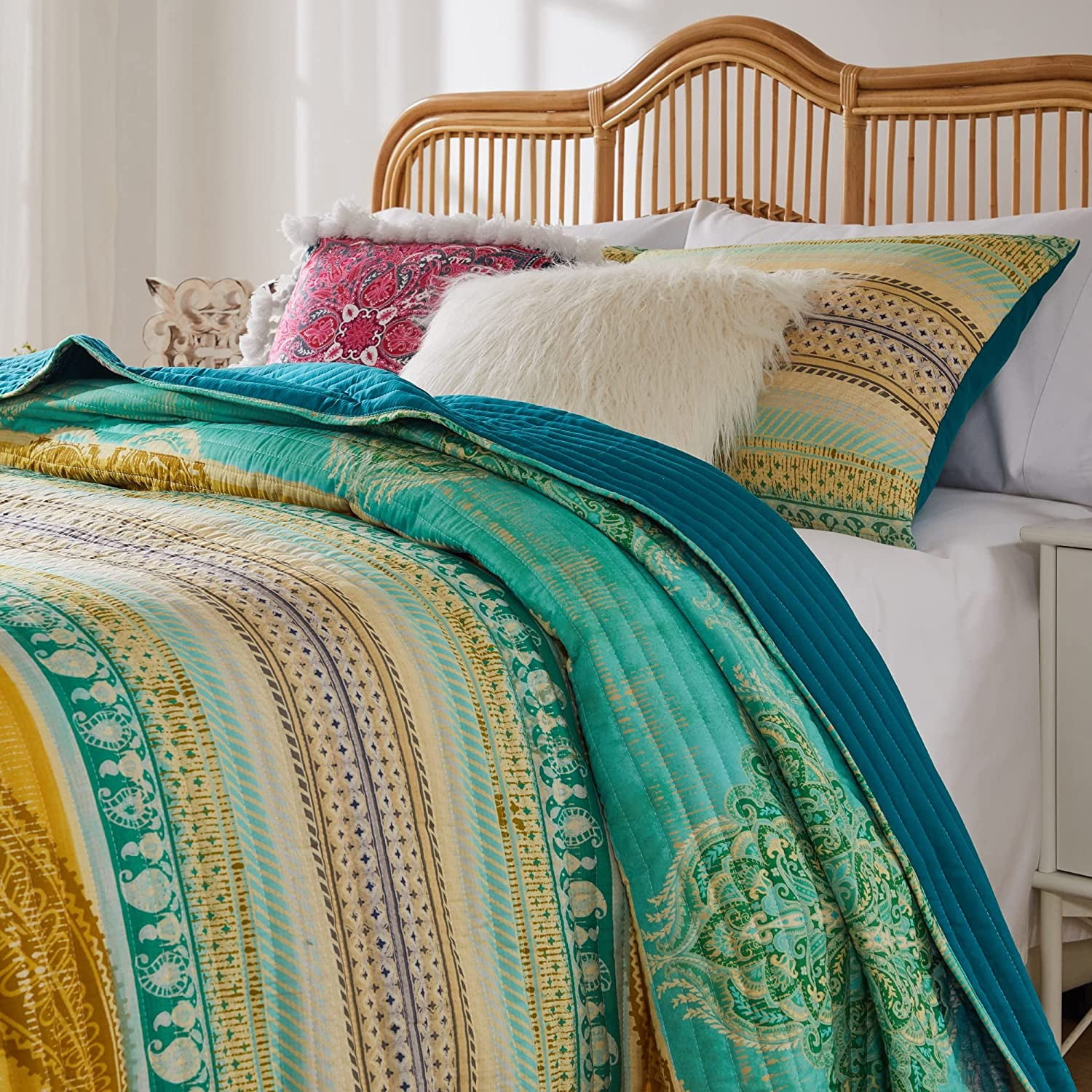 Greenland Home Fashions Aurora Vintage Boho Quilt Set, Blue, 3-Piece Full/Queen